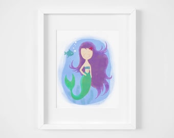 Mermaid Nursery Art Print, Kids Playroom Decor