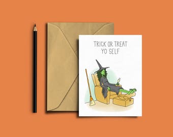 Halloween Greeting Card, Trick or Treat Yoself, Witch, Funny Card, Humor, A6