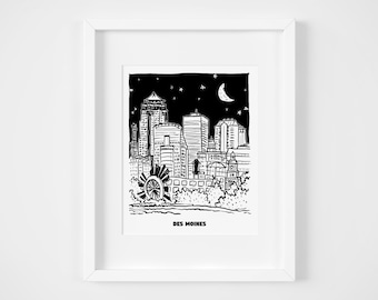 Des Moines Art Skyline Print, Illustration, Iowa, Home Decor, Wall Art, 8x10, Made by Local Des Moines Artist, Black and White