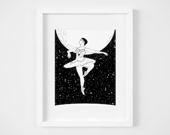 Swan Lake Ballet Dancer in Space Art Print, Black and White Illustration (8x10)