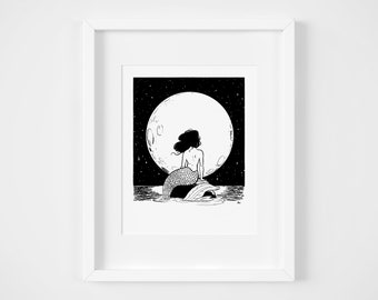 Mermaid Moon Art Print, Illustration, Home Decor, Wall Art, 8x10, Black and White