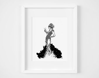 Woman Made Of Crystals Art Print, Illustration, Home Decor, Wall Art, 8x10, Black and White