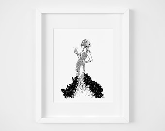 Crystal Woman Art Print, Black and White Illustration (8x10)