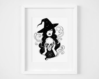 Enchanting Witch Art Print, Illustration, Home Decor, Wall Art, 8x10, Black and White