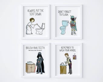 Star Wars kids bathroom rules Wash your hands Set of 4 bathroom prints Bathroom decor Bathroom art Kids art Childrens bathroom art