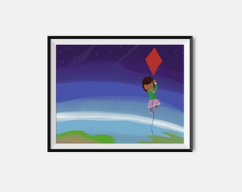 Girl with Kite Nursery Art Print, Wall Decor, Kids Room, 8x10, Earth, Space