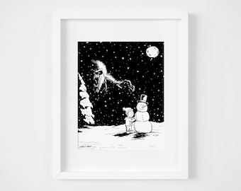 Snow Creature Art Print, Illustration, Home Decor, Wall Art, Space Art, 8x10, Black and White, Stars, Celestial, Snowman