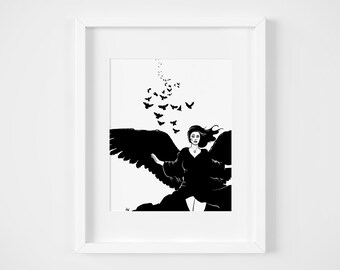 Raven Woman Art Print, Illustration, Home Decor, Wall Art, 8x10, Black and White