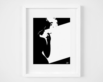Woman Smoking Blunt Art Print, Illustration, Home Decor, Wall Art, 8x10, Black and White