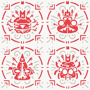 May include: A repeating pattern of four red and white pixelated illustrations of creatures with crowns and swords. The background is white.