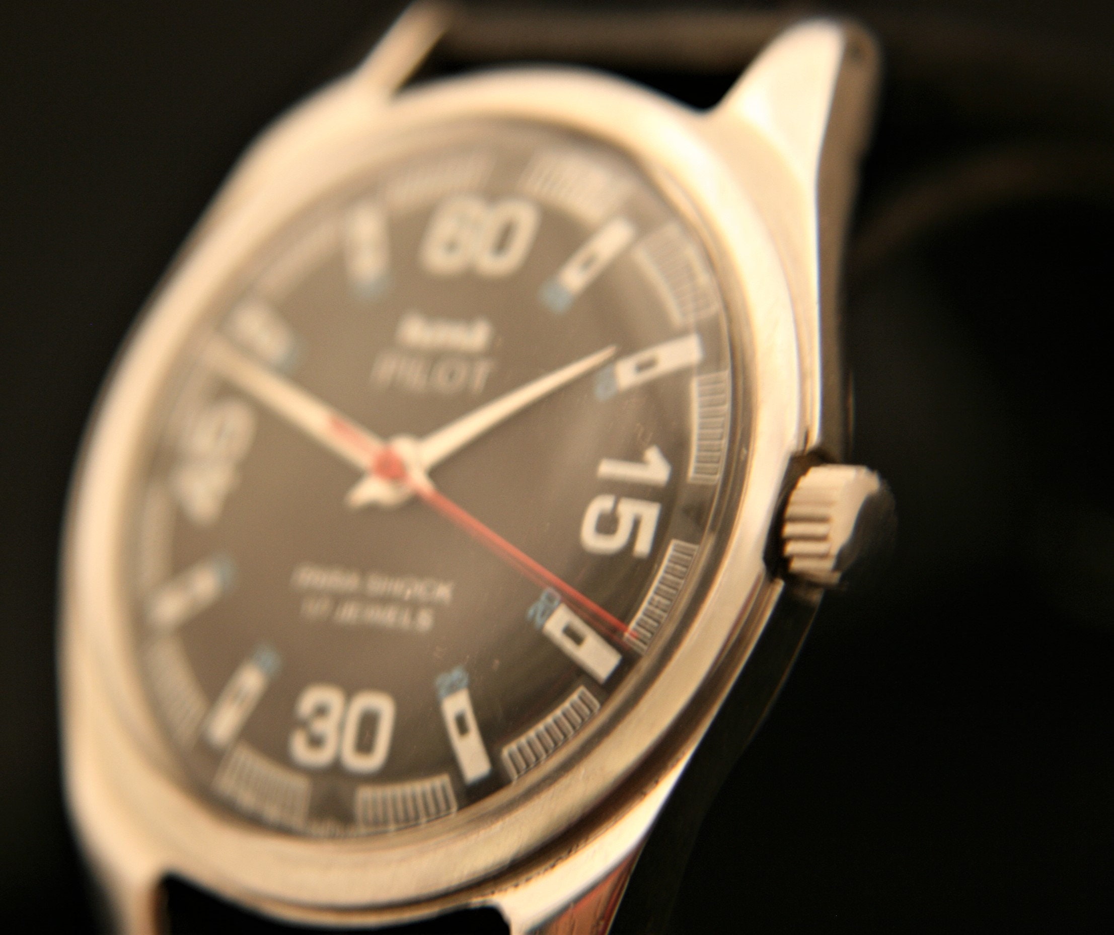 Rare 1970's men's all steel HMT Pilot Parashock black dial 17 jewel wristwatch, serviced!