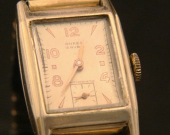 Beautiful vintage 1940's WWII men's 15 jewel gold dress Anker Art Deco wristwatch, runs well