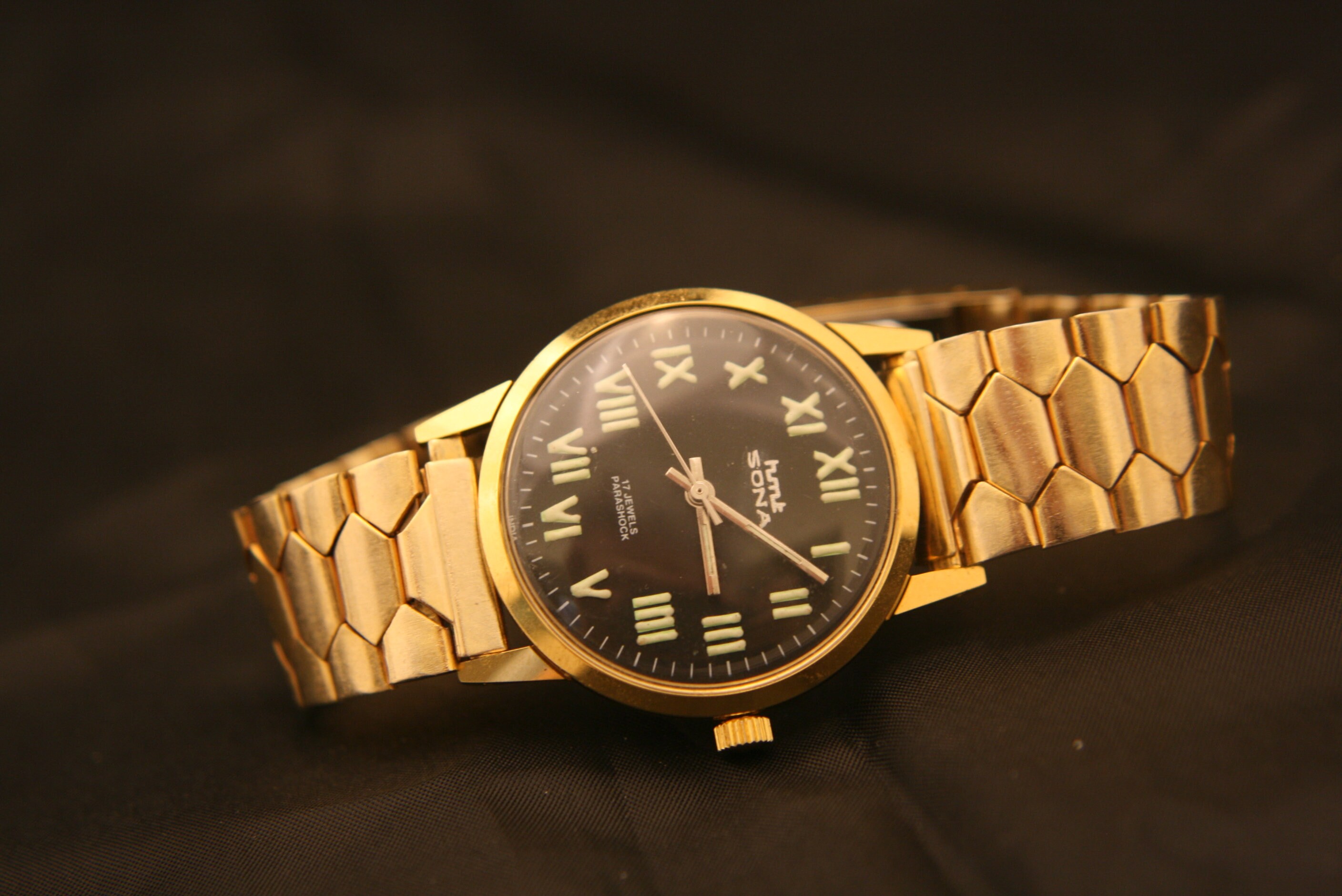 Beautiful restored Luminous Roman numerals HMT Sona gold black dial