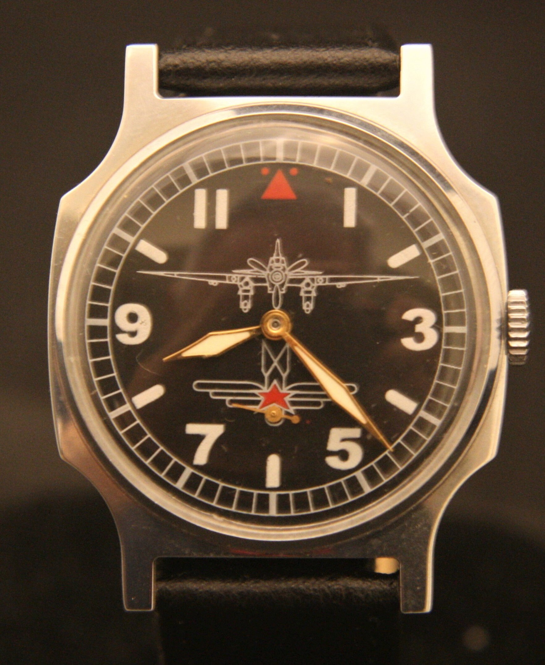 Pobeda ZIM Soviet Vintage Aviator Hand-Wind Watch – Green Dial, Leather Strap, 34mm – Serviced