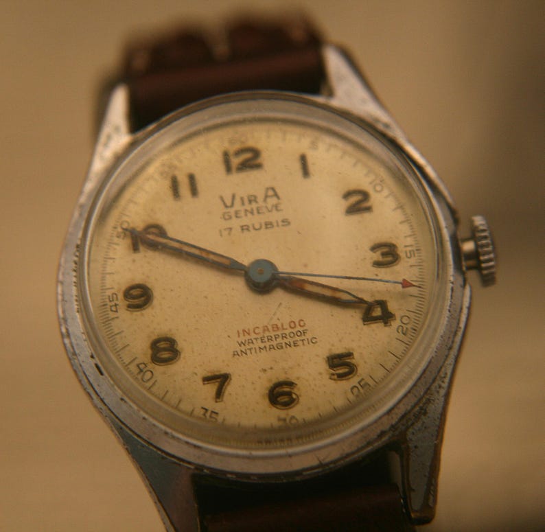 Vintage 1940's men's WWII Vira/ Miramar 17J Swiss military dial wristwatch, running well! image 1