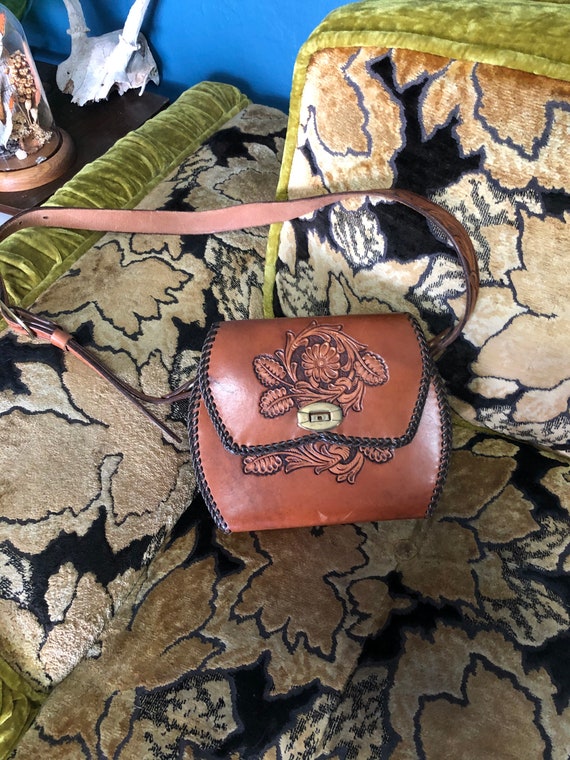 1970’s tooled brown leather shoulder bag