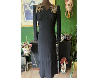 1930s black crepe gown with beaded shoulders