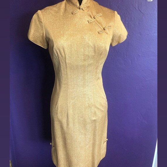 Gold lurex Alfred Shaheen Cheongsam style dress