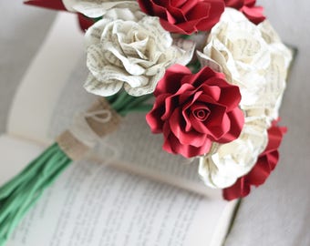 Book Paper Rose Bridesmaid Bouquet, 11 Long Stem Roses, Eco Wedding Flowers