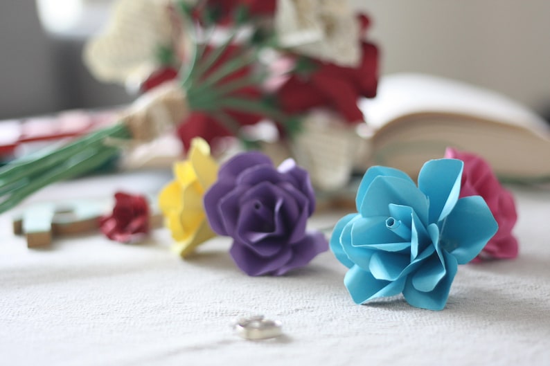 Long Stem Paper Rose, Individual Paper Rose, Book Page Roses, Paper Flowers, Paper Roses, Eco Wedding Flowers image 10