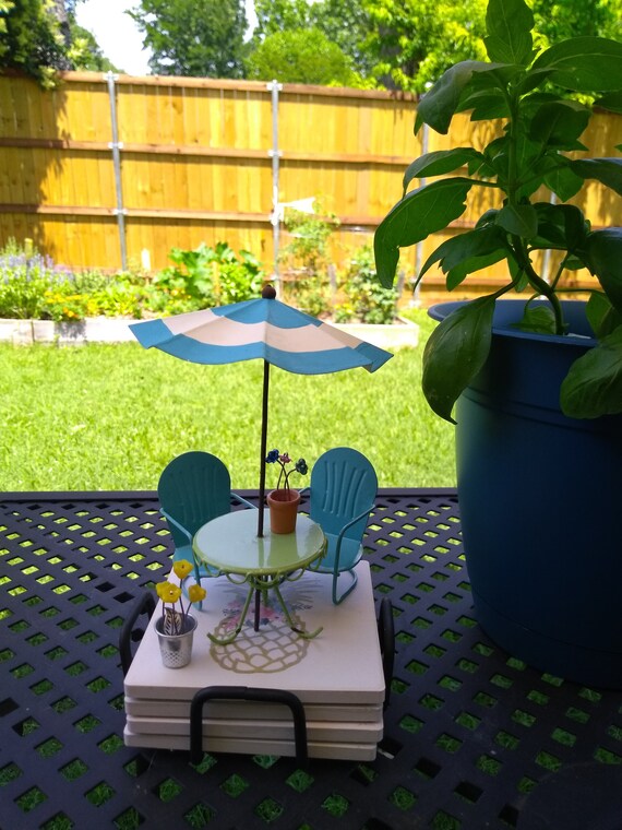 Stone Coaster Set Patio Bistro W Blue Umbrella Etsy