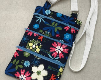 Blue Floral Crossbody Bag Handmade Blue Floral Cotton Crossbody Bag Shoulder Bag Purse