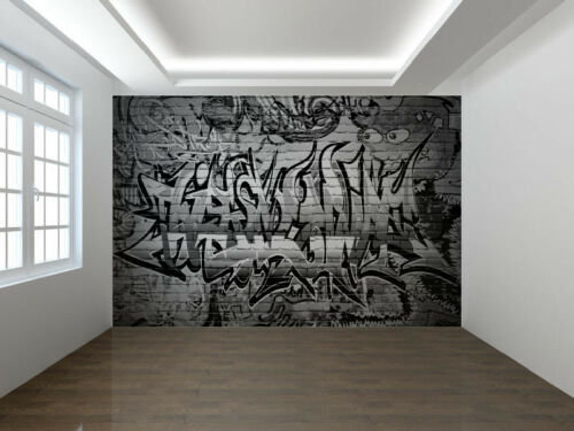 Graffiti Wall Urban Art Black and White Photo Wallpaper Wall Etsy