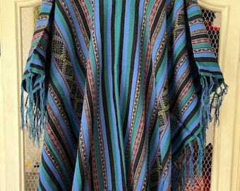 Andean Woven Poncho - Blue/Green Stripe