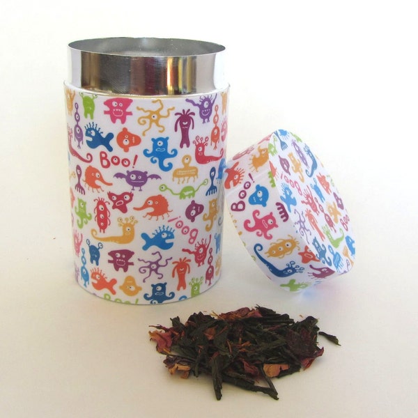 Tea tin - colorful monsters pattern - Perfect as a tea canister and for loose leaf tea storage