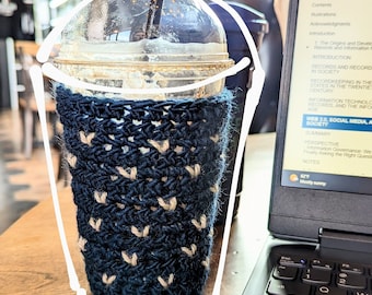 Hand crochet coffee cup sleeve with bottom - hearts