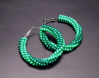 Green beaded hoop earrings Native hoop earrings Large chunky hoop earrings Seed bead hoops