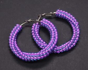 Purple beaded hoop earrings Violet hoop earrings Beadwork earrings Large chunky hoop earrings