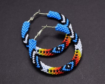 Native Americans inspired beaded earrings, Turquoise native style earrings, Ethnic Hoop Earrings, Bead crochet hoops