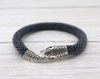 Black snake bracelet, Ouroboros bracelet men or women, Serpent bangle