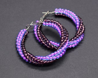 Purple beaded hoop earrings, Native hoop earrings, Large chunky hoop earrings, Seed bead hoops
