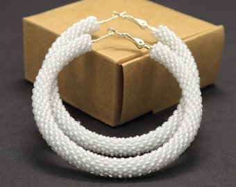 White seed bead hoops, Native hoop earrings, Chunky beaded hoop earrings, Bead crochet hoops