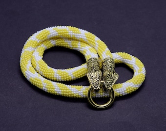 Yellow snake necklace, Serpent necklace, Ouroboros choker, Bead snake necklace