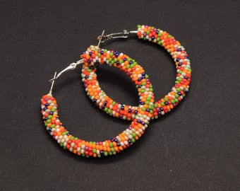 Multicolor beaded hoop earrings Native hoop earrings Chunky seed bead earrings Beadwork