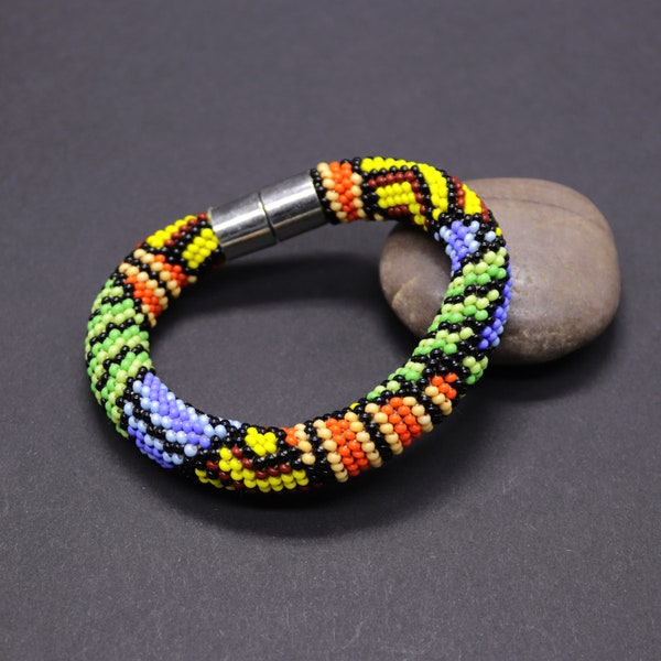 Native beadwork bracelet Bead crochet rope Southwest bangle Colorful ethnic jewelry