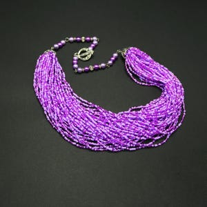 Purple seed bead multi strand necklace, Long chunky beaded necklace, Handmade statement jewelry