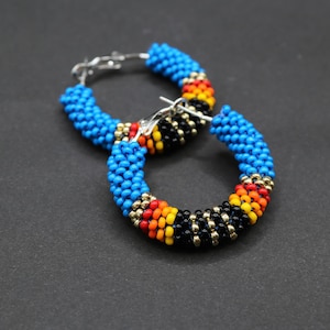 Little Native Americans inspired beaded hoop earrings Blue native style earrings Ethnic Hoop Earrings Bead crochet hoops Bold statement gift