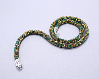 Bead snake necklace, Green snake choker, Ouroboros seed bead beadwork, Viper handmade jewelry, Serpent gift