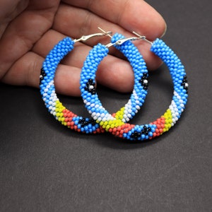 Turquoise native style hoop earrings Bead crochet hoops Southwestern hoops image 5