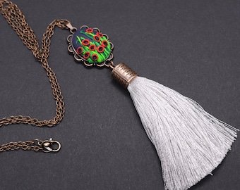 Gray silk tassel necklace, Clay poppy necklace, Flower tassel pendant for women