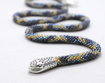 Bead snake necklace, Blue snake choker, Ouroboros, Serpent necklace, Viper bracelet, Beadwork, Seed bead jewelry