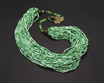 Green multi strand seed bead necklace Long chunky necklace Multiple beaded necklace Bold cascade jewelry