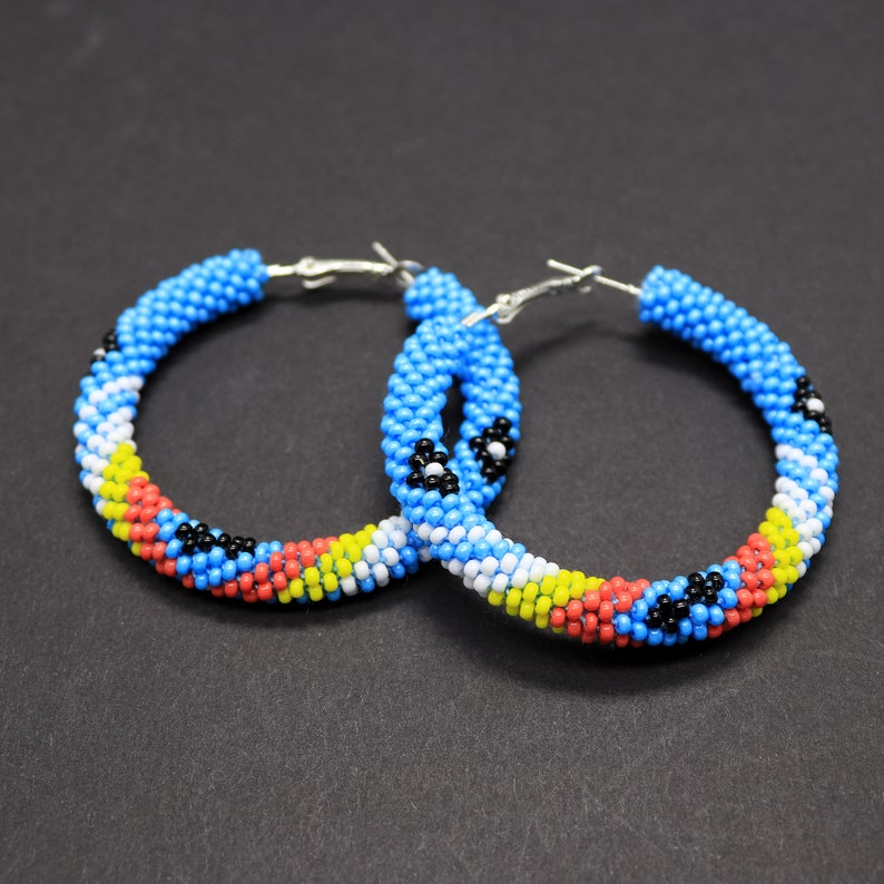 Turquoise native style hoop earrings Bead crochet hoops Southwestern hoops image 3