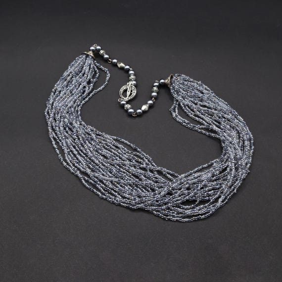 Gray multi strand seed bead necklace, Long chunky beaded necklace, Cascade  multiple handmade jewelry