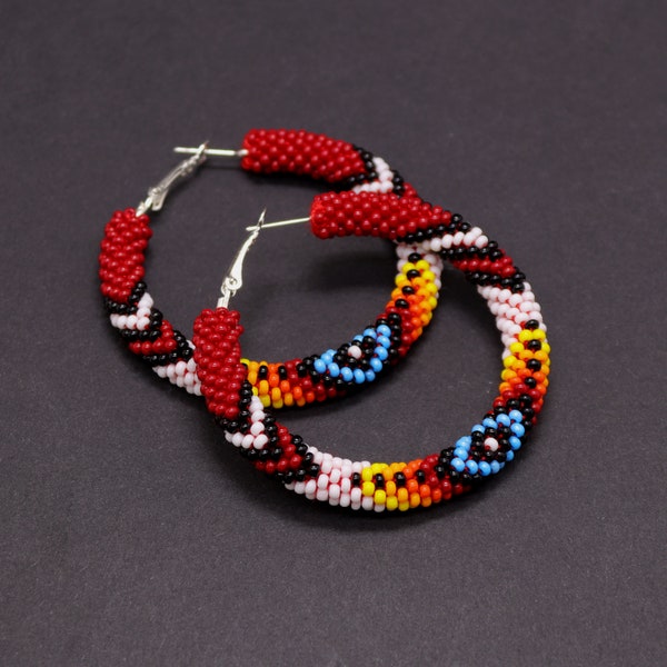 Native Americans inspired beaded hoop earrings, Red native style earrings, Ethnic Hoop Earrings, Bead crochet hoops