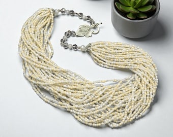 Peach white multi strand seed bead necklace, Multiple beaded necklace, Handmade bulky cascade jewelry